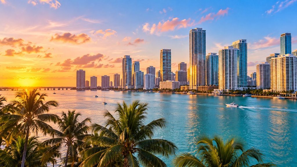 Miami waterfront skyline and residential buildings at sunset – Miami real estate market 2026